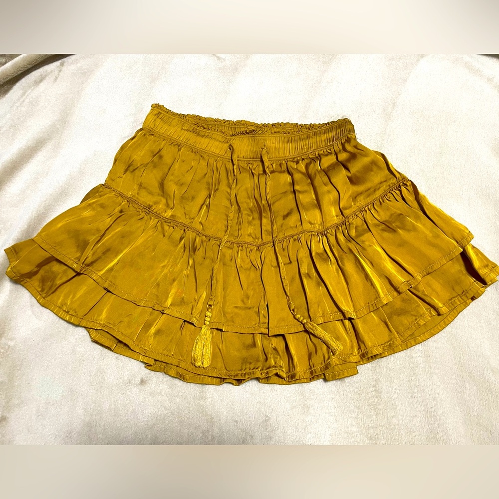 Aerie NWOT Gold Mini Skirt tiered ruffle tassel elastic waist tie waist